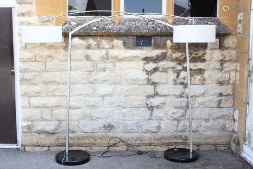 A Chrome Art Deco-Style Arc Light, on heavy marble circular base, with cream linen shade