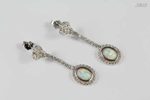 A Pair of Silver CZ and Opal Drop Earrings, approx 3