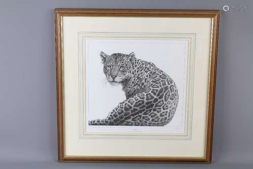 Gary Hodges Limited Single Edition Print of a 'Jaguar'; nr 199/500, signed lower right, approx 32 x 29 cms, together with a Limited Edition David Dancey Wood print nr 198/495 'Anticipation', signed lower right, approx 39 x 27 cms, glazed and framed