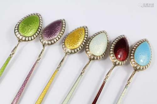 A Set of Six Silver Demi-Tasse Spoons; the spoons having multi-coloured enamel decoration