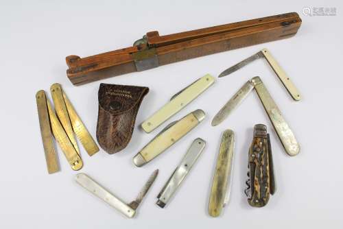 Collection of Miscellaneous Pen Knives, including a multi-blade, three silver and mother-of-pearl, two antler pen-knives and two vintage slide-rule