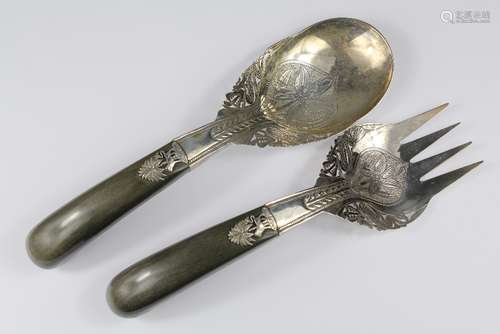 A Pair of Thai Silver and Horn Handled Salad Servers