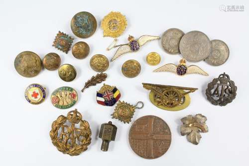 Miscellaneous Cap Badges and Buttons, including Royal Engineers, Gunners and a silver Ypres brooch and two RAF Enamel Sweetheart badges and a Rhodesian Independence Bronze medallion 1965 and a Petrus II 1857 Silver Coin Brooch and a bronze dice