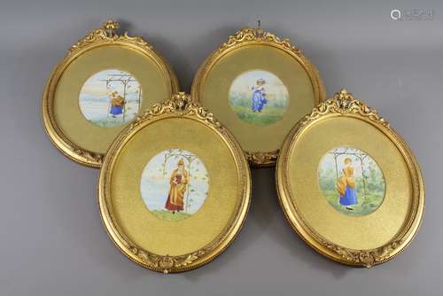 Four Victorian Oval Watercolours, depicting ladies in costume in a garden setting, approx 13 w x 15 h cms, framed and glazed, attractive frames