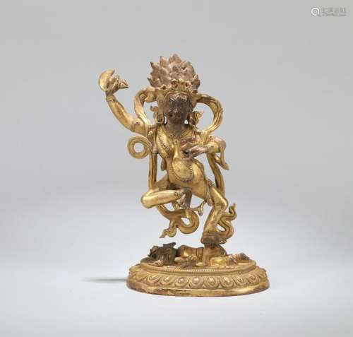 A CHINESE GILT BRONZE FIGURE OF YAMANTAKA, QING DYNASTY