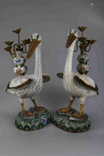 A CHINESE CLOSONNE ENAMEL 'CRANE' CANDLE HOLDER, QING