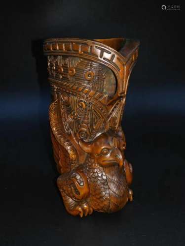 A CHINESE CARVED BOXWOOD BRUSH POT, QING DYNASTY