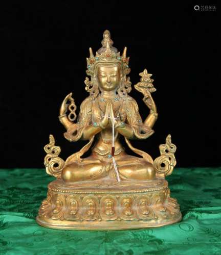 A CHINESE GILT BRONZE FIGURE FOUR ARMS' GUANYIN, QING