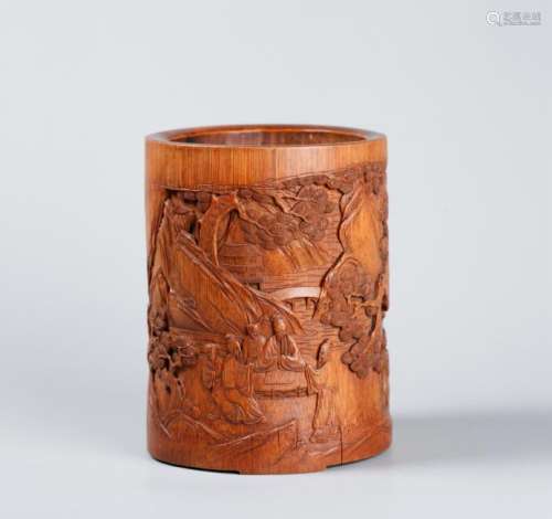 A CHINESE CARVED BAMBOO BRUSH POT, QING DYNASTY OR