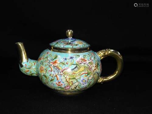 A CHINESE ENAMELED BRONZE TEA POT, QIANLONG MARK