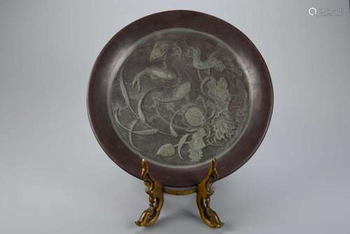 A CHINESE CARVED DUAN STONE DISH, QING DYNASTY