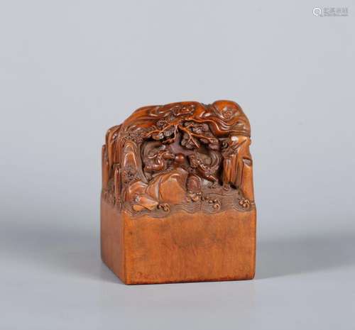 A CHINESE SANDAL WOOD 'DRAGONS' SEAL, 19TH CENTURY