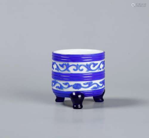 A CHINESE BLUE PEKING GLASS TRIPOD CENSER, 'DA QING