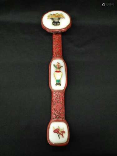 A CHINESE STONE INLAID CINNABAR LACQUER RUYI SCEPTER,