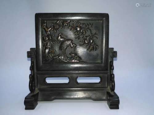 A CHINESE BOXWOOD INLAID ZITAN TABLE SCREEN, QING