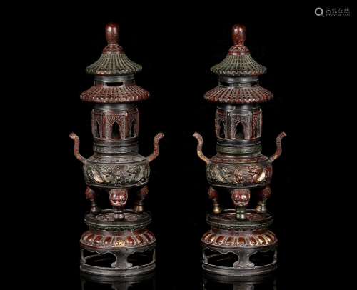 Pair of Qing Chinese Bronze Censer , Mark