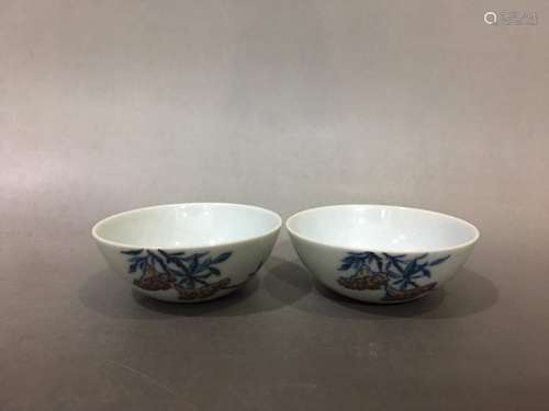 Pair of Chinese Blue and White Copper Red Bowls