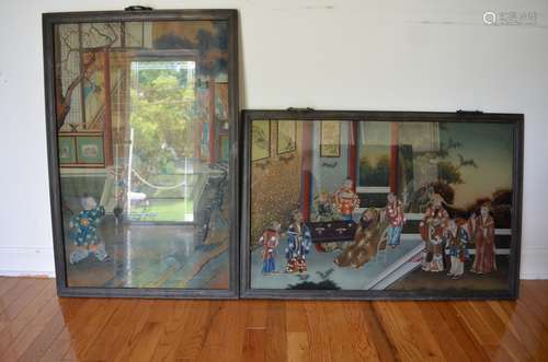 A PAIR Large 19th.C Chinese Reverse Glass Painting