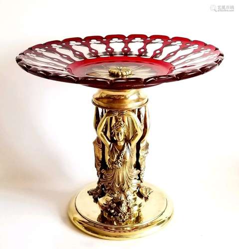 19C Antique Gilt Bronze Bohemian Ruby Centerpiece