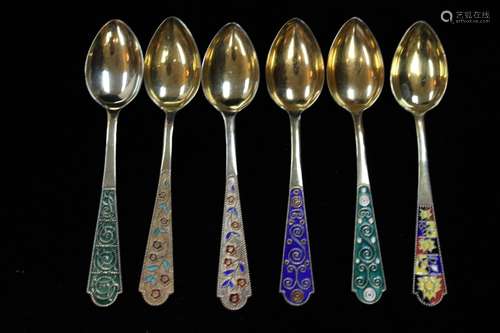 6 Enamel Silver Spoons