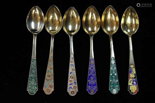 6 Enamel Silver Spoons