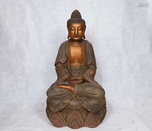 Qing Chinese Wood Carved Seating Sakyamuni