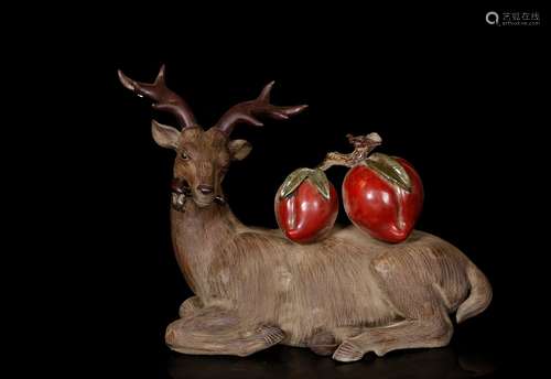 Qing Dynasty,Large Chinese Zisha Deer w Peach