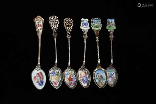 6 Enamel Spoons, Signed in Back