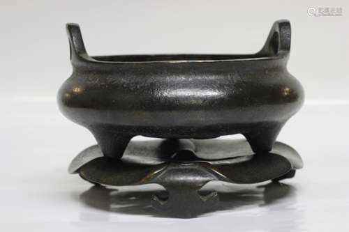 Chinese Bronze Tripod Censer w Base