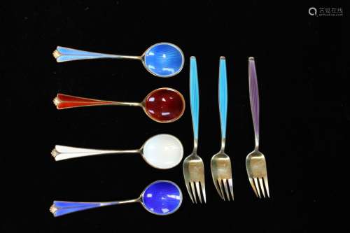 4 Enamel& Silver Spoons and 3 Enamel& Silver Folks