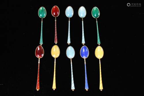 10 Enamel& Silver Spoons