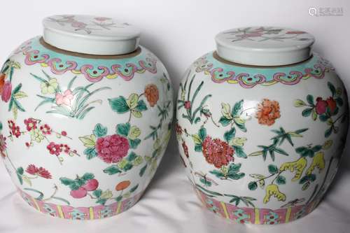 Pair of Chinese Famille Rose Porcelain Cover Jar