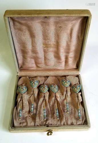 Russian Silver Enamel Spoon Set Box