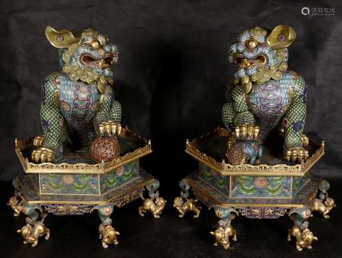 Pair of Chinese Cloisonne Lions w Base