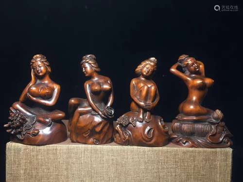 Four Chinese Huangyang Wood Carved Beauty Girl