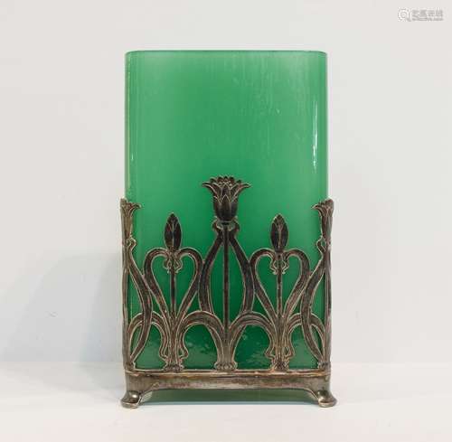 Art Nouveau Sterling Silver Emerald Glass Vase