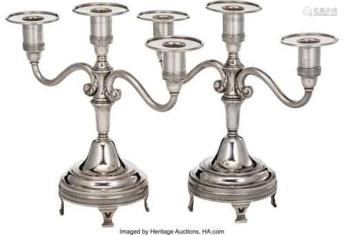 57020: A Pair of Portuguese Three-Light Silver Candelab