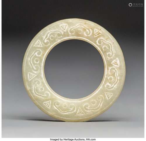 57230: A Chinese White Jade Bi Disc in Original Fitted