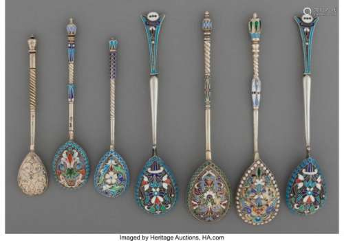 57002: A Group of Seven Russian Silver and Enamel Spoon
