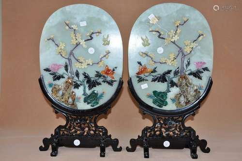 A PAIR OF SOAPSTONE-INLAID JADE TABLE SCREENS.ANTIQUE