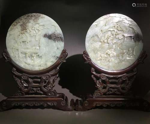 A PAIR OF WHITE JADE 'LANDSCAPE' TABLE SCREEN.QING