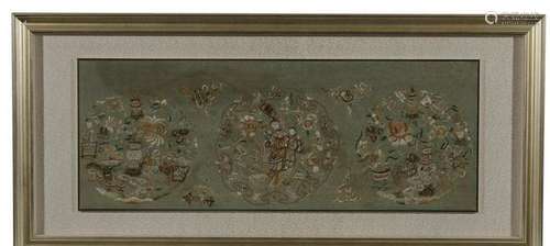 AN EMBROIDERED SILK PANEL.QING PERIOD