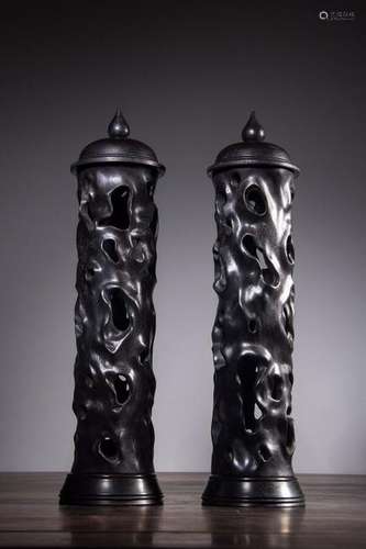 A PAIR OF ZITAN INCENSE BURNER.ANTIQUE