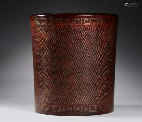 A SILVER-INLAID WOOD BRUSHPOT.BITONG.ANTIQUE