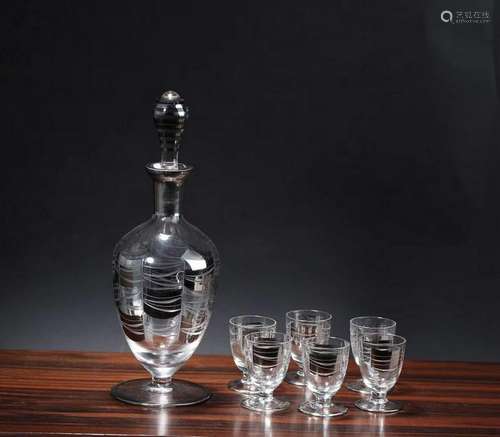 A SET OF CZECH CRYSTAL WINE BOTTLE AND CUPS