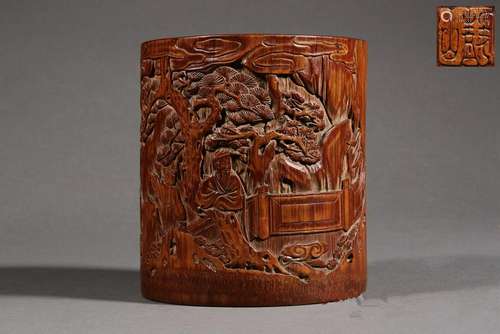 A CARVED BAMBOO BRUSHPOT.BITONG.QING PERIOD