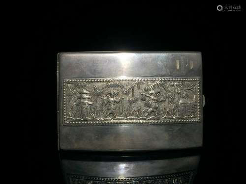 A CARVED SILVER TOBACCO BOX .ANTIQUE