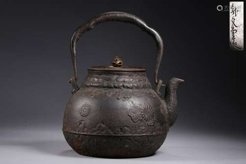 A CARVED JAPANESE IRON TEAPOT AND COVER.ANTIQUE