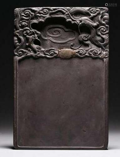 A CARVED DUAN 'DRAGON' INK STONE AND BOX.QING PERIOD