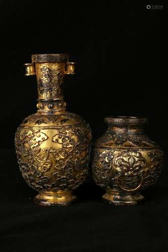 TWO OF GILT-BRONZE VESES.QING PERIOD